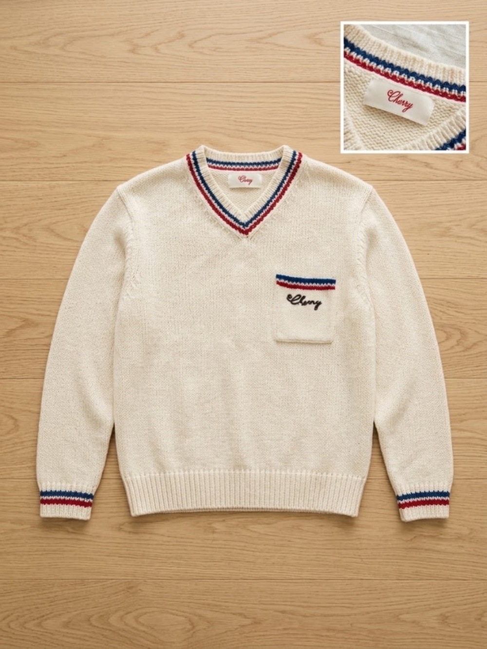 Cherry LA Men’s V-Neck Cotton Knit Sweater in Cream - Size M